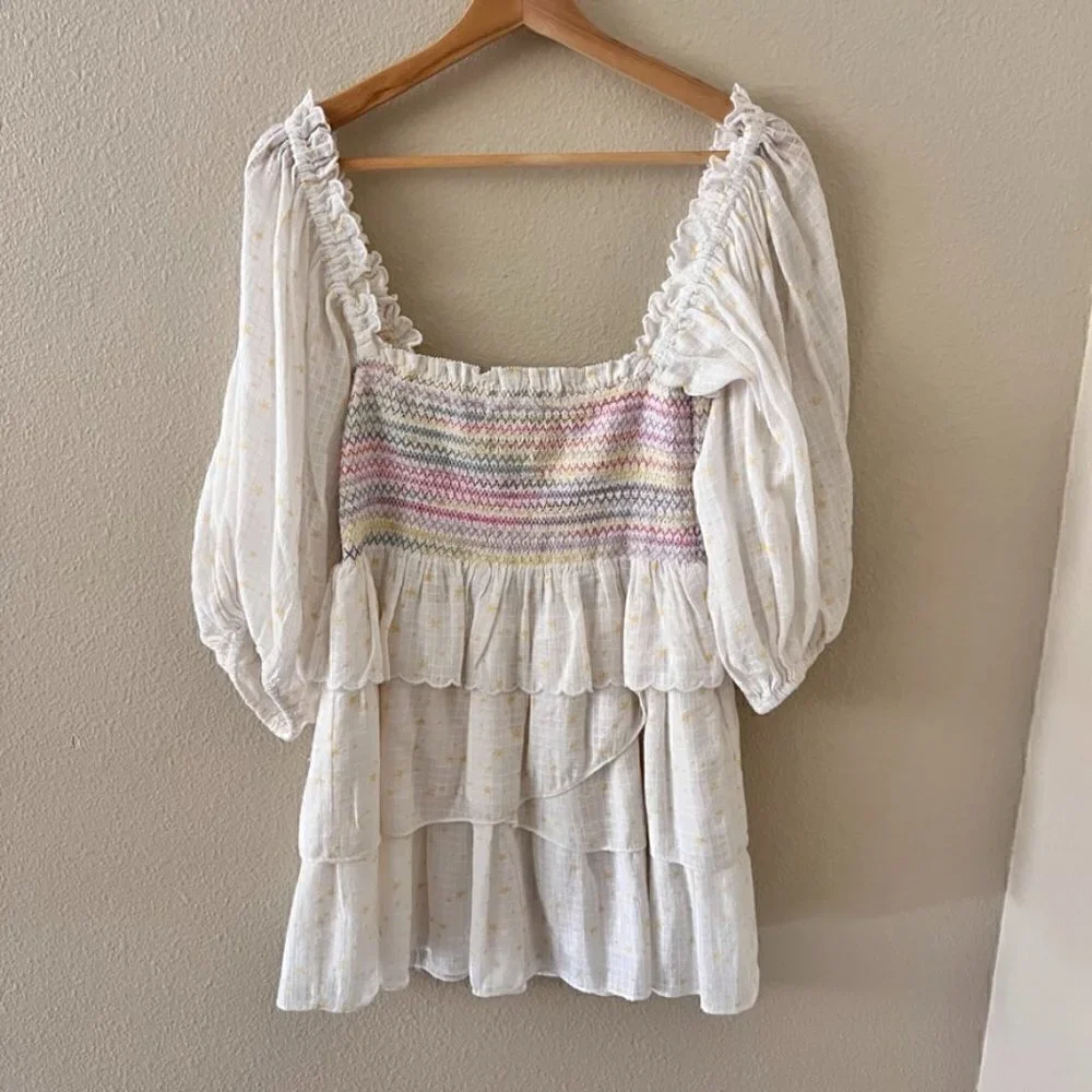 Love Shack Fancy Shaw Puff Sleeve Tiered Mini Dress In Butter Yellow XS‌‌‌‌‌‌‌‌